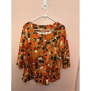 Laura Ashley‎ Floral Print 3/4 Sleeve Top Women's Plus Blouse 2X Orange Black